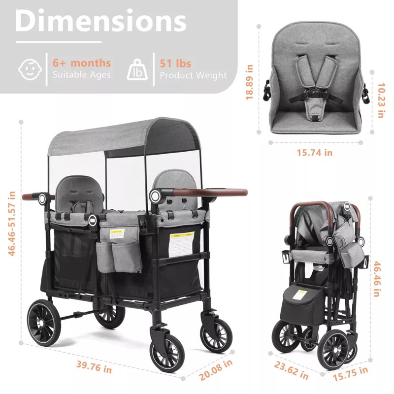 Folding Wagon Stroller for 2 Kids, Adjustable Handle, All-Terrain Shock-Absorbing Wheel, Detachable Tray, Diaper Bag, Black-Grey
