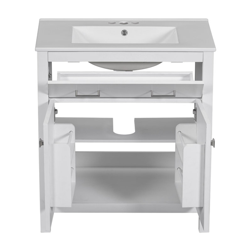 Meuble-lavabo moderne de 30 po avec rangement, Blanc, Argent argent