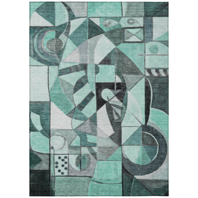 Machine Washable Indoor/Outdoor Xhevrie Teal Rug