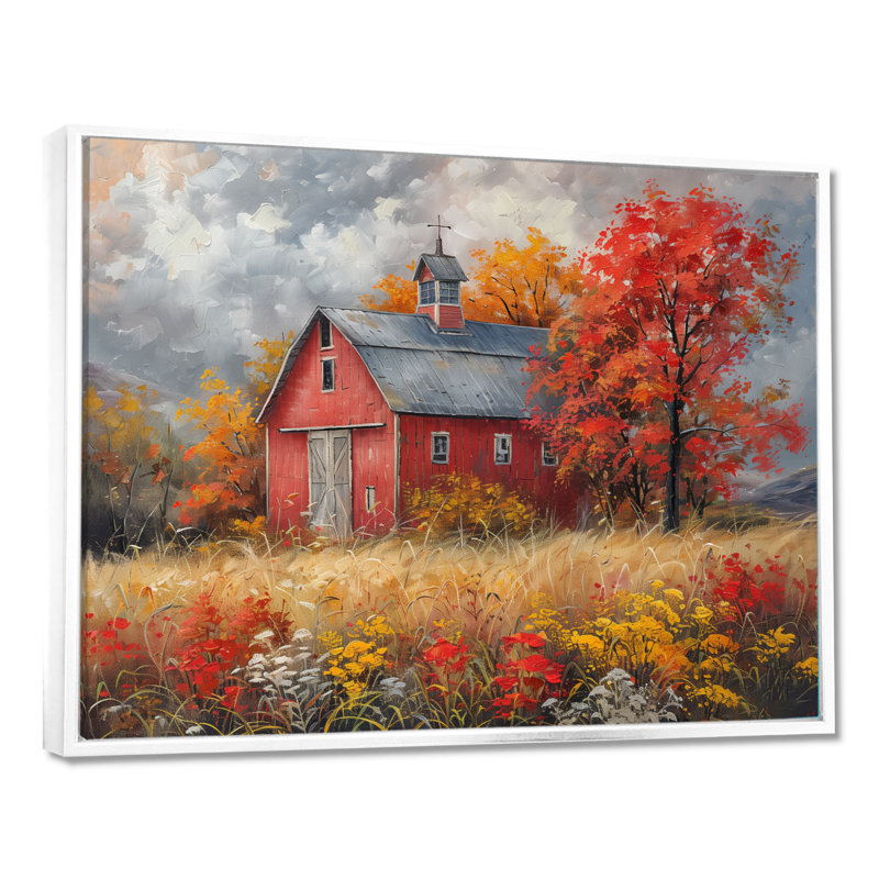 Automne rouge grange brise I - impressions encadrées de grange, Toile encadrée flottée blanche, H 34 po x l 44 po x P 1,5 po