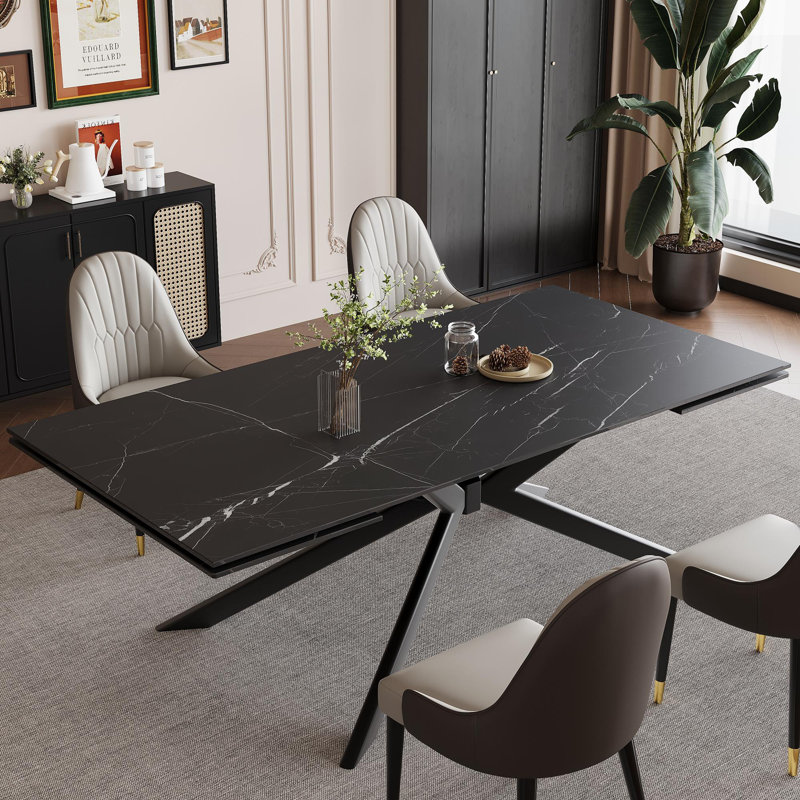 Vetler 9 - Piece 110.23'' Extendable Rectangular Sintered Stone Dining Table with 8 Leather Chairs Dining Set, Black