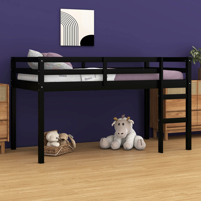 Twin Size Loft Bed – Ladder & Strengthened Slat Bed Platform, Black