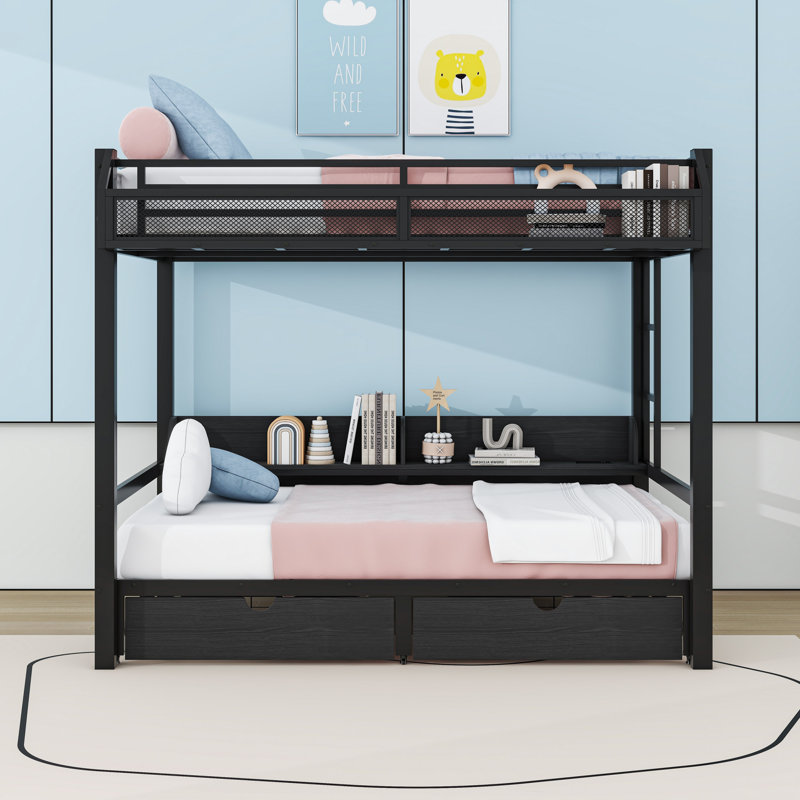 Metal Bunk Bed With Built-In Shelves And LED And USB Ports And 2 Drawers, Queen over Queen, Black