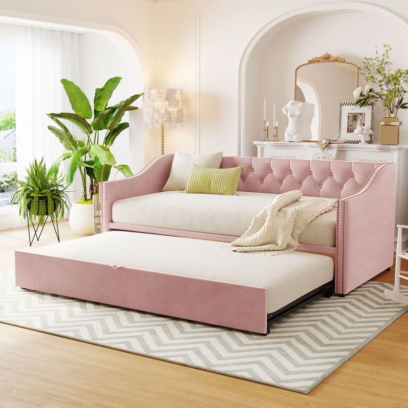 Lit de jour simple tapissier avec couchette escamotable, rose