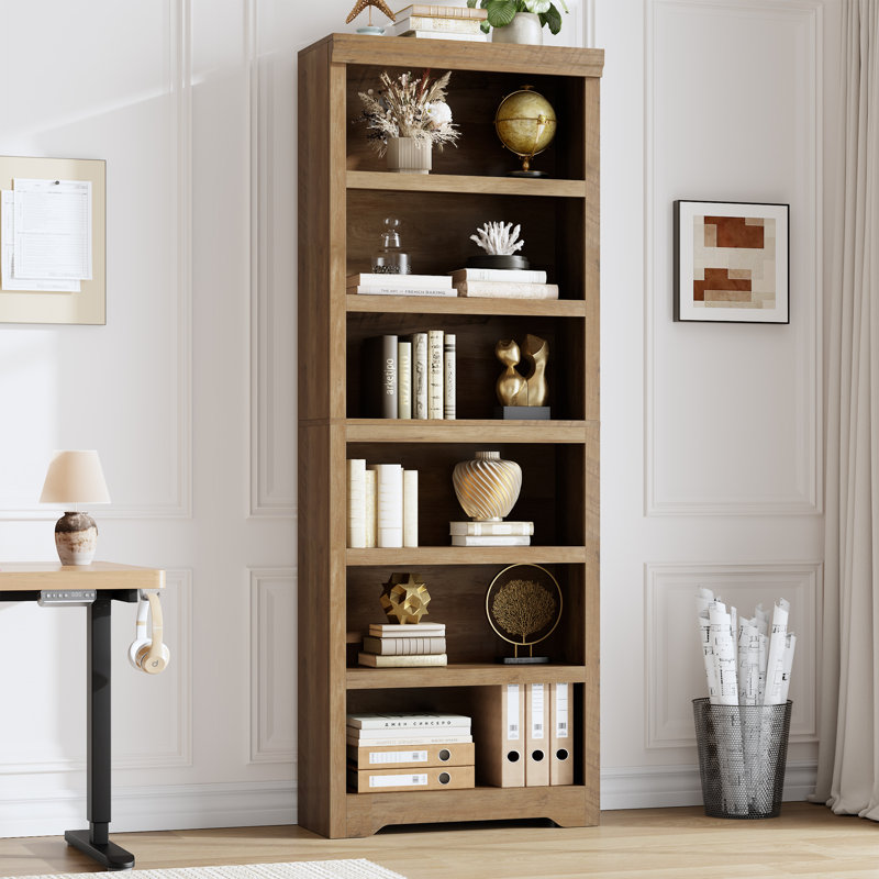 6-Tier Farmhouse Bookcase with Adjustable Shelves, Floor Standing Open Display Storage Rack, Anti-Slip Design, Brown