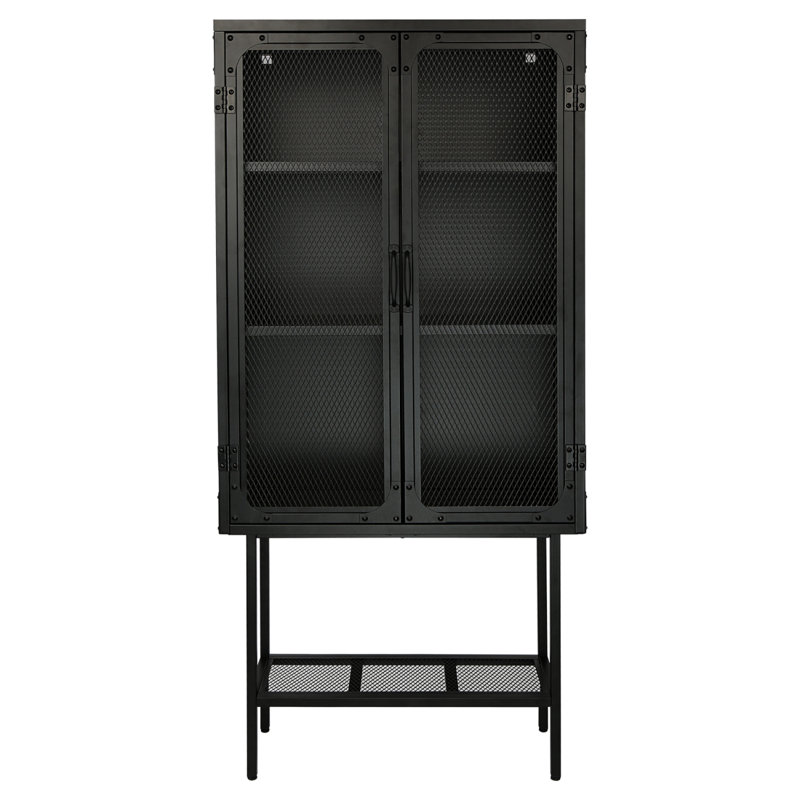 Armoire industrielle avec 2 portes grillagées en métal, tablettes réglables et pieds et tablette inférieure