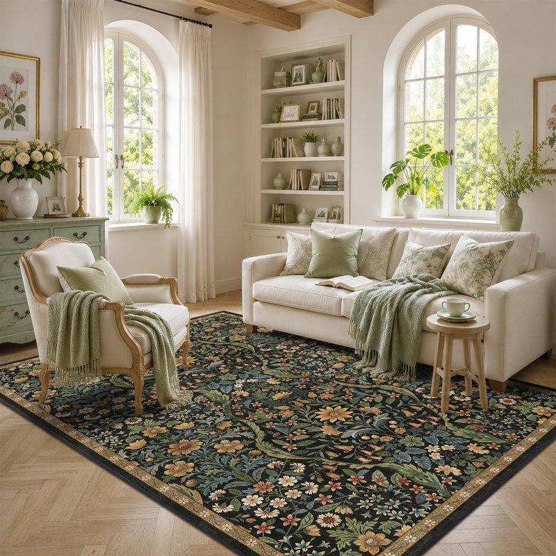 Washable Area Rug - Vintage Boho Botanical Low-Pile Rug, Rectangle 5' x 7', Black/Brown