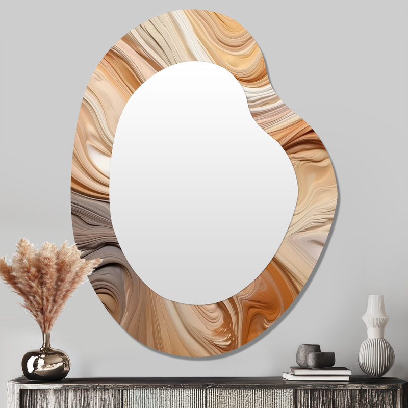 Orange et beige non lié Imagination II - miroir décoratif de forme irrégulière abstraite, grand miroir mural asymétrique moderne, impression d'art en métal