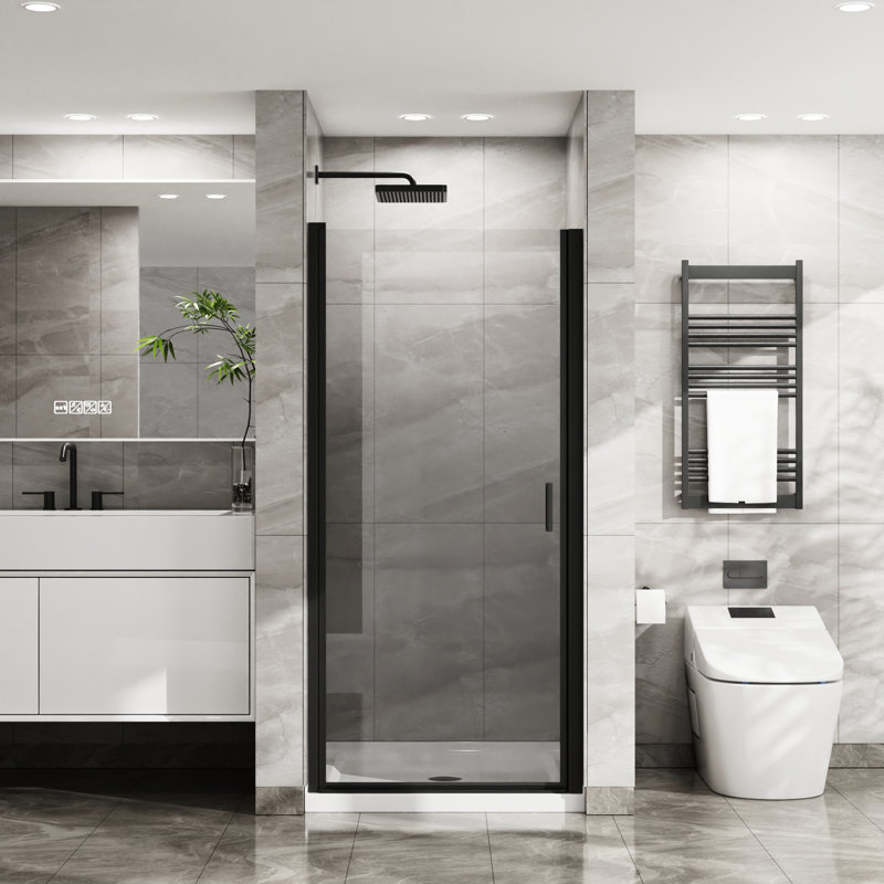 Base de douche 35,4 po avec porte pivotante de 34 po x 72 po, acrylique blanc, aluminium noir, verre trempé, 180 po, surface extérieure imperméable Ensemble de porte: base, balançoire, barrière
