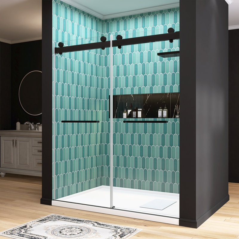 72'' - W x 79'' H Double Added Door Frameless Shower Door with, Matte Black