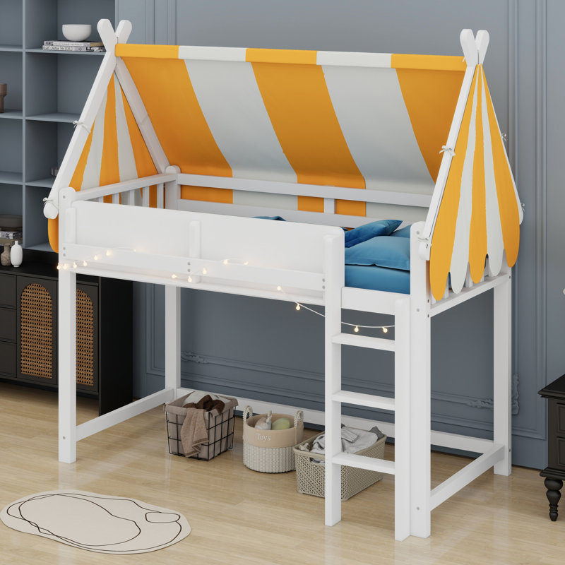 Loft Bed Featuring Canopy, LED Lights, And Book Shelf, White
