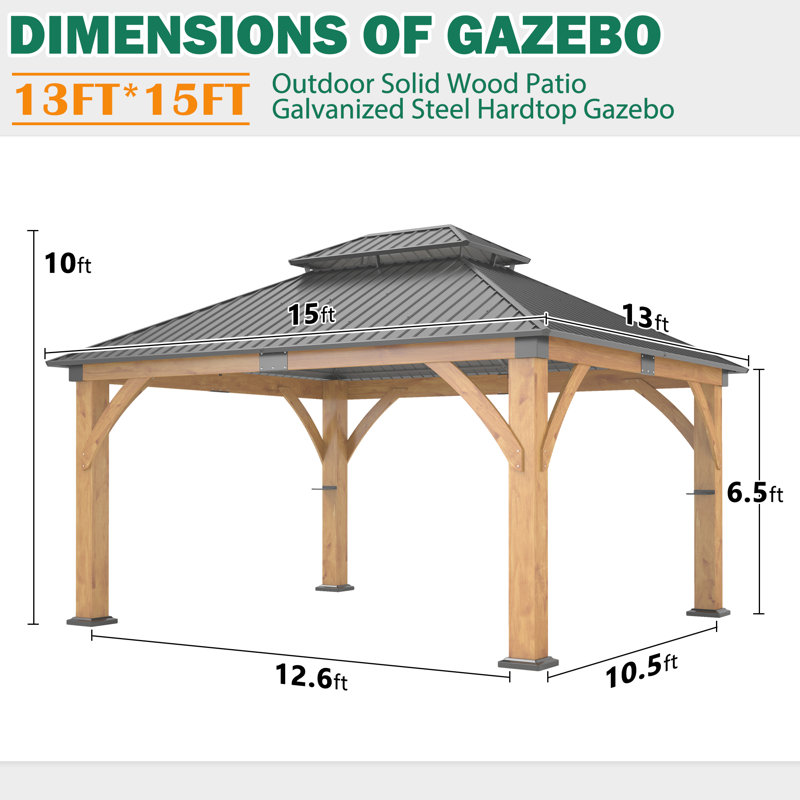 Outdoor Spruce Wood Hardtop Gazebo, Patio Double Roof Galvanized Steel Hardtop Gazebo for Patio, Deck, Backyard, Lawn, and Garden