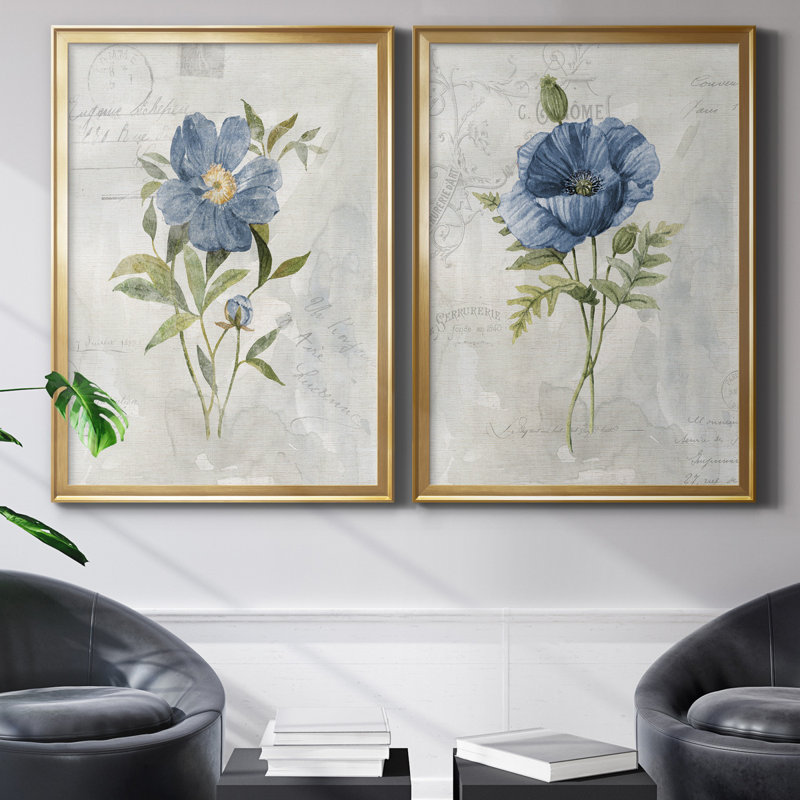 Blue Linen Peony - ensemble de 2 reproductions d'art, H 18,5 po x l 49 po x P 1,5 po, Toile encadrée dorée, Pas de tapis