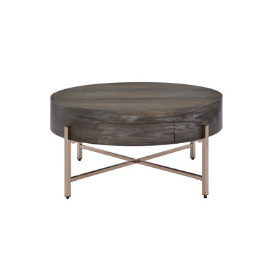 Champagne And Brown Coffee Table With One Drawer Storage, Metal Frame "X" Base, Wooden Top, 16 Inches High Compartment, Oak Veneer, 32 Wide