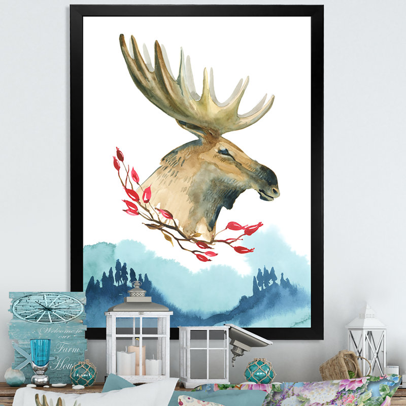Grand Moose In Winter Mountain - reproduction d'art sur toile traditionnelle, H 20 po x l 12 po x P 1 po, Cadre photo noir