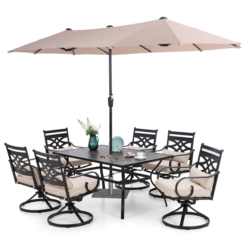 Ensemble de salle à manger rectangulaire pour 60 personnes avec coussins et parasol Leonard, Beige