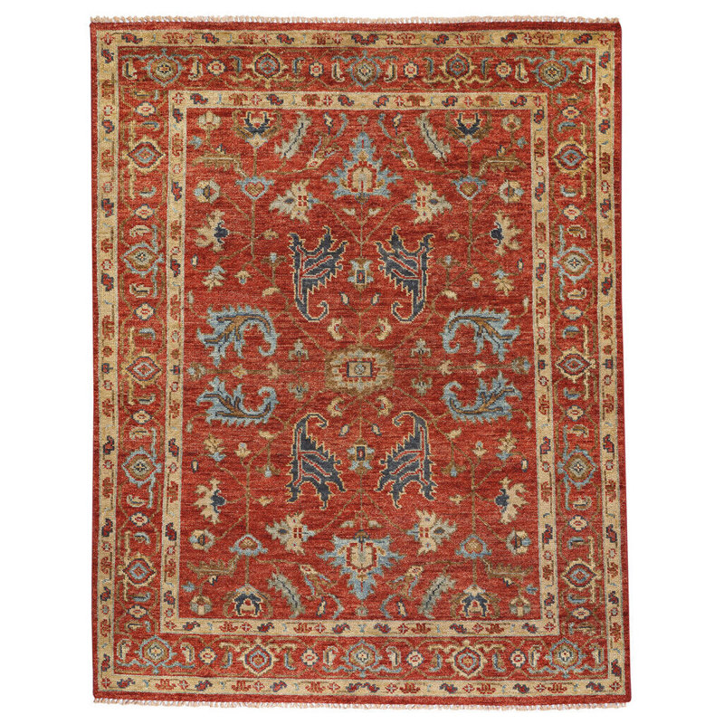 Charleigh-Ushak Hand Knotted Wool Oriental Area Rug in Red, Rectangle 5' x 8'