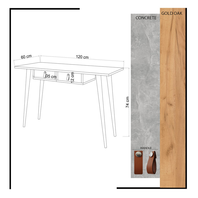 Scandinavian Style Study Desk with 2 Drawers, Oak & White, 47.2 x 29.1 x 23.6 inches | 100% Melamine Coated Particle Board, PU Leather Handle, Wooden Legs | Modern, Elegant Design for Home Office & Study Spaces