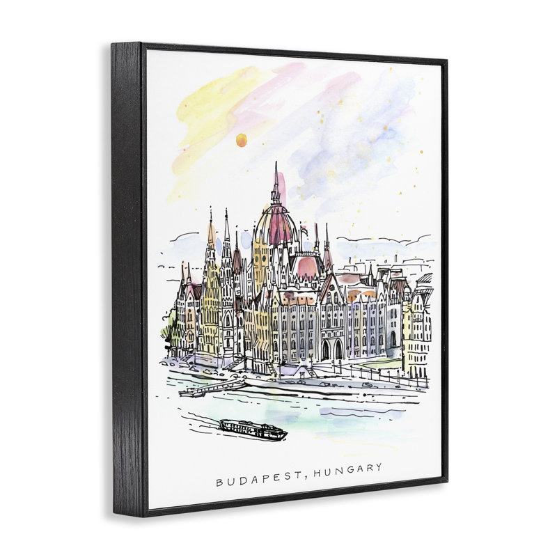 Minimal Budapest Skyline Framed Giclee, design by Angela Steahling, 14'' H x 11'' W, Midnight Black Framed Giclee