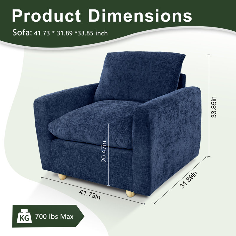  Fauteuil d'appoint rembourré en chenille de 41,73 po de largeur avec siège très profond, Bleu