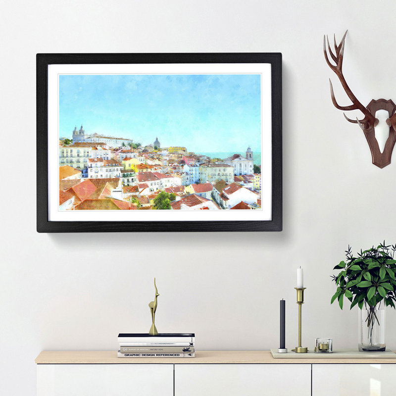 Skyline of Alfama Lisbon Portugal - Picture Frame Painting Print, 33cm H x 45cm W x 2cm D, Black Framed