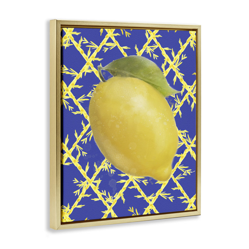 Citron audacieux sur cadre flottant bleu, design par Matthew Piotrowicz, H 31 po x l 25 po, Cadre flottant métallique doré