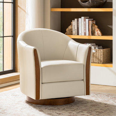 Fauteuil demi-tonneau pivotant en cuir véritable de 29 po Pocono avec base en bois massif Pocono