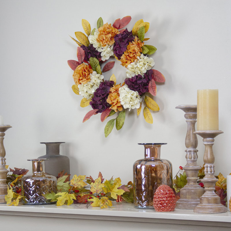 Couronne de fleurs d'hortensias et de feuilles, rameau artificiel, orange, 20 po