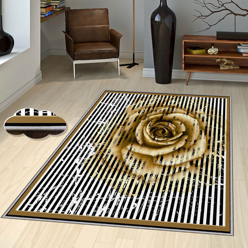 Tapis tissé élégant (4,6 x 7,2 pieds), 100% polyester, hauteur des poils de 0,4 po | Antibactérien, antidérapant, dessous lavable à la machine | Impression 3D numérique | Parfait pour le salon, la chambre à coucher et la salle à manger