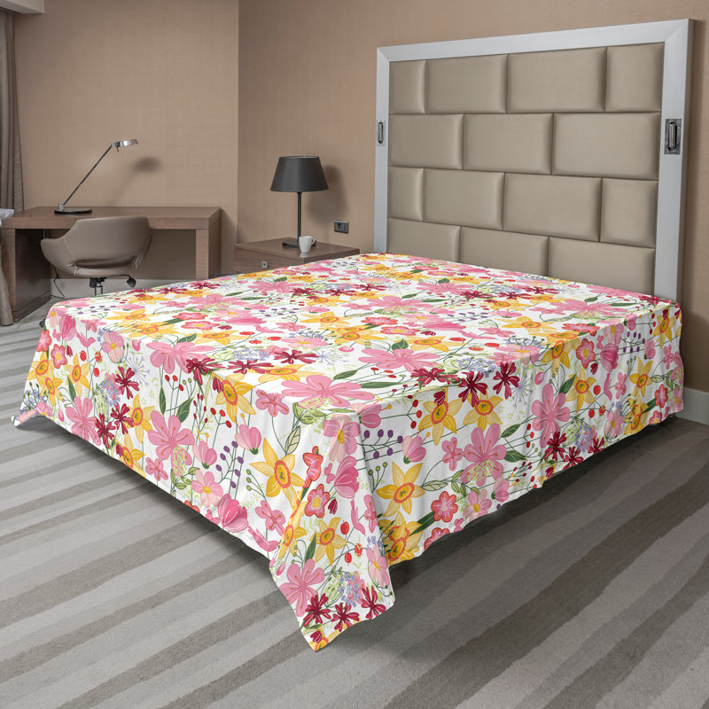 Ambesonne Top Flat Sheet Curving Art, Full Flat Sheet, Multicolor Floral 2