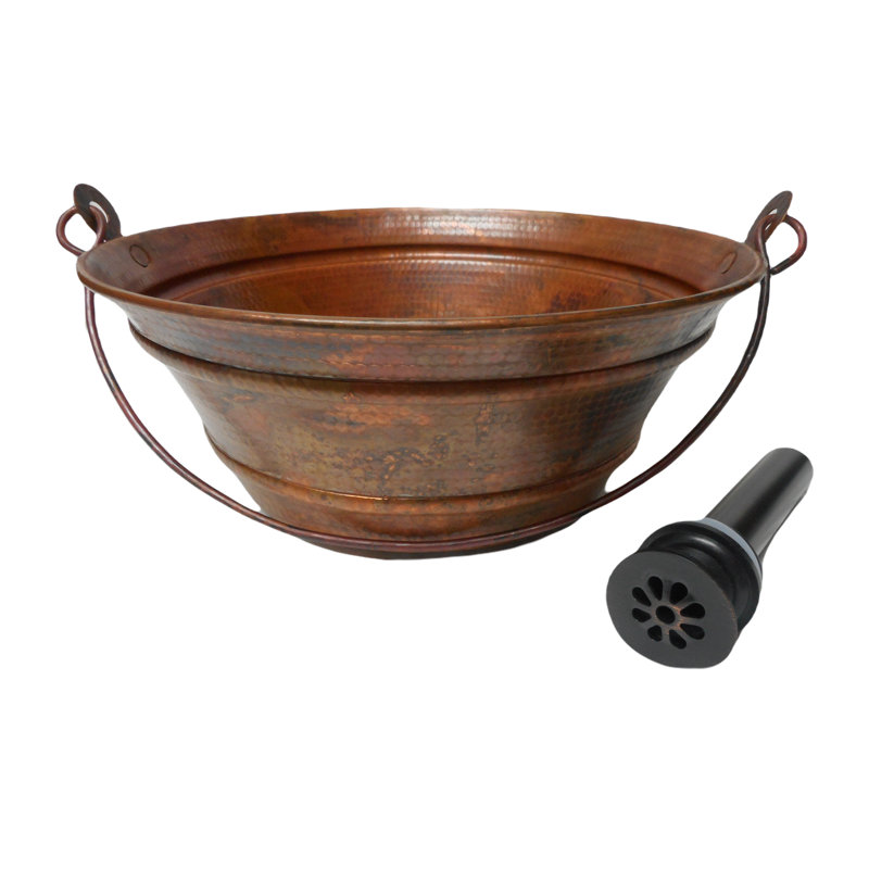 15" Round Copper Vessel Bucket Bath Sink in Natural Patina, Drain Included