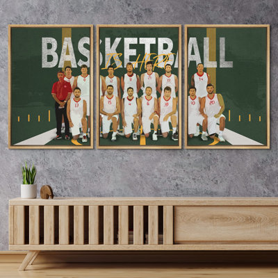 College Athletic Basketball Team Group Shot Sports & Fitness, Athletes Art Pop Modern Boy's Bedroom Portrait Pictures, Giclee Canvas Digital Print Framed Wall Art