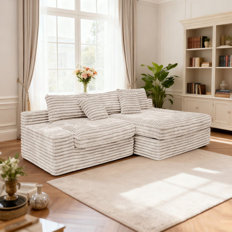 Canapé modulaire avec tissu velours côtelé et méridienne large, Velours côtelé beige, Orienté à droite