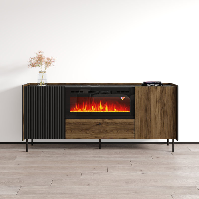 Brandy 70.9" 180 BL-EF Fireplace Black Sideboard, Walnut/Black