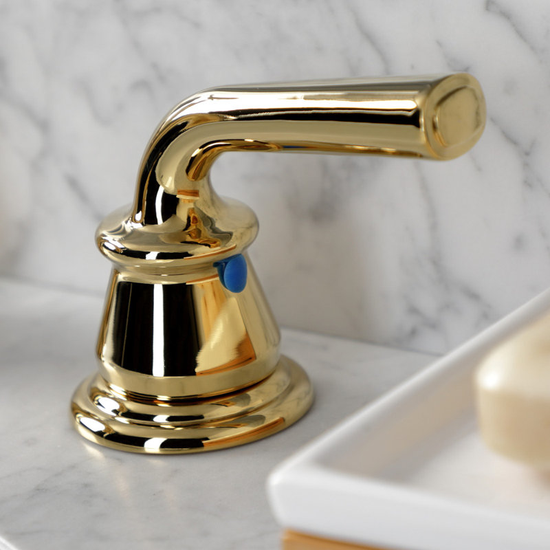 Kingston Brass Restoration Two-Handle 3-Hole Deck Mount Widespread Bathroom Faucet with Retail Pop-Up Drain, Polished Brass