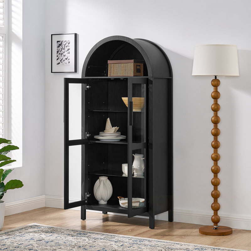 Armoire de rangement arquée avec une lampe et des cloisons en verre réglables, Noir