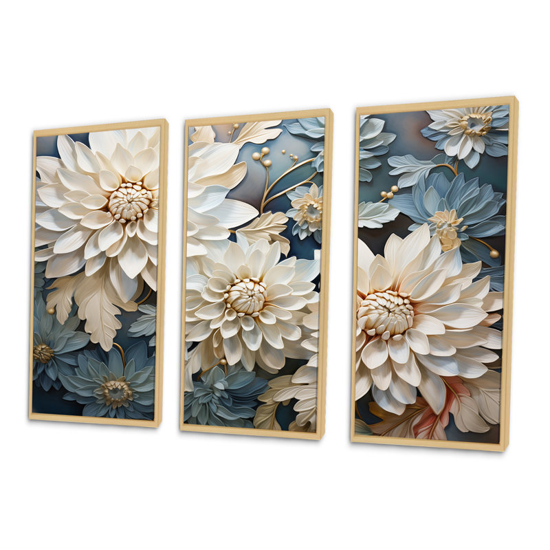 «Chrysanthemums White Blue Mosaic Garden IV - Chrysanthemums», ensemble d'art sur toile, Cadre naturel flottant