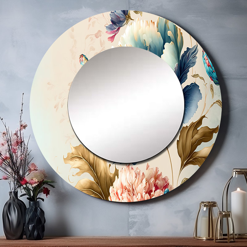 Pollerd Blue And Gold Floral Bunch I - Floral Mirror, Traditional Round Decorative Wall Mirror, Printed Metal Art, 36" x 36"