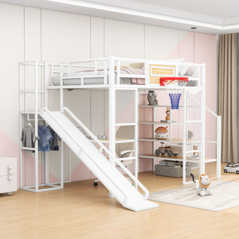Lit mezzanine double en métal avec bureau, glissoire et panier de basketball, Blanc