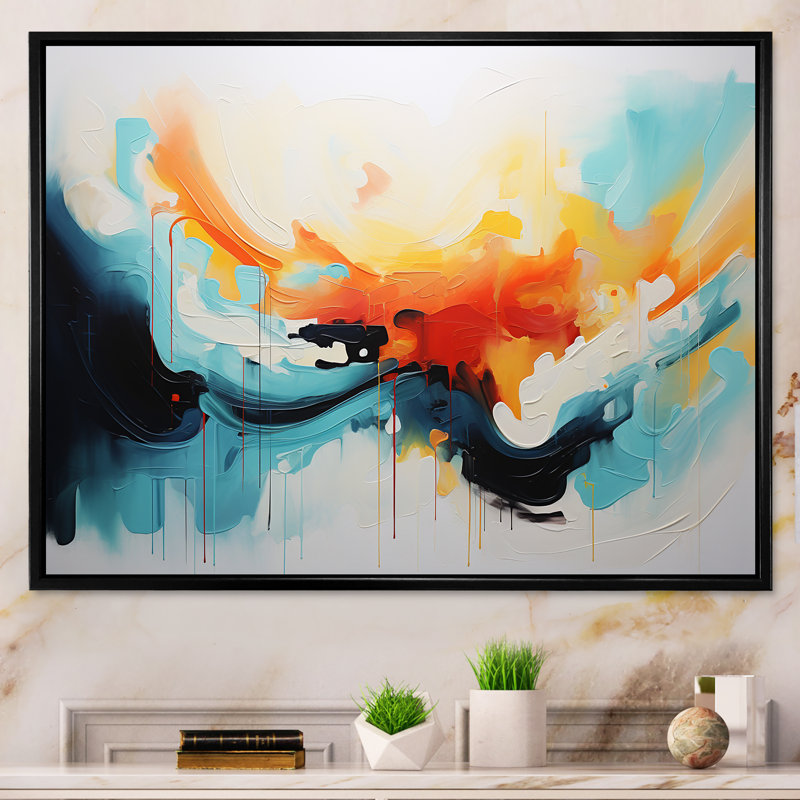 Bleu et orange, vagues abstraites colorées III - Art mural abstrait, Cadre flottant noir, H 34 po x l 44 po x P 1,5 po