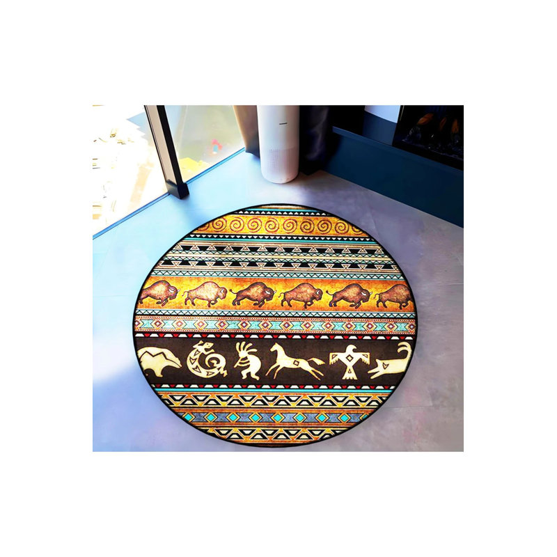 Orange Abstract Tribal Ethnic Style Pattern Woven Base Modern Decorative Carpet, Round 4'