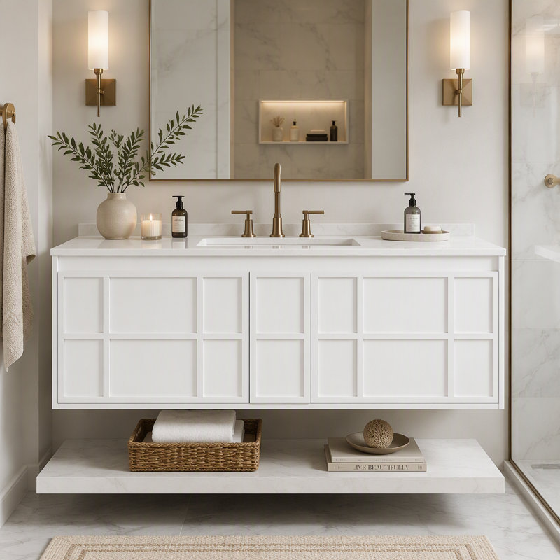 Armoire de salle de bain murale 48 po, meuble-lavabo flottant en panneau de fibres à densité moyenne avec 2 grands tiroirs et tablette inférieure ouverte, armoire de rangement peinte en blanc, conception sans poignée