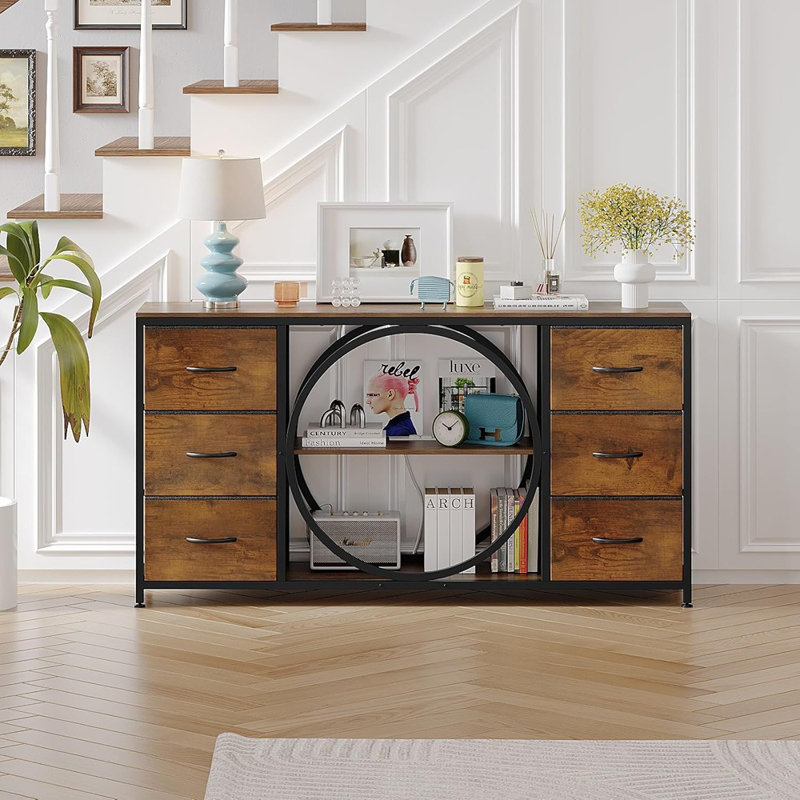 Console Table With 6 Drawers Storage Shelf Round Base Ind...