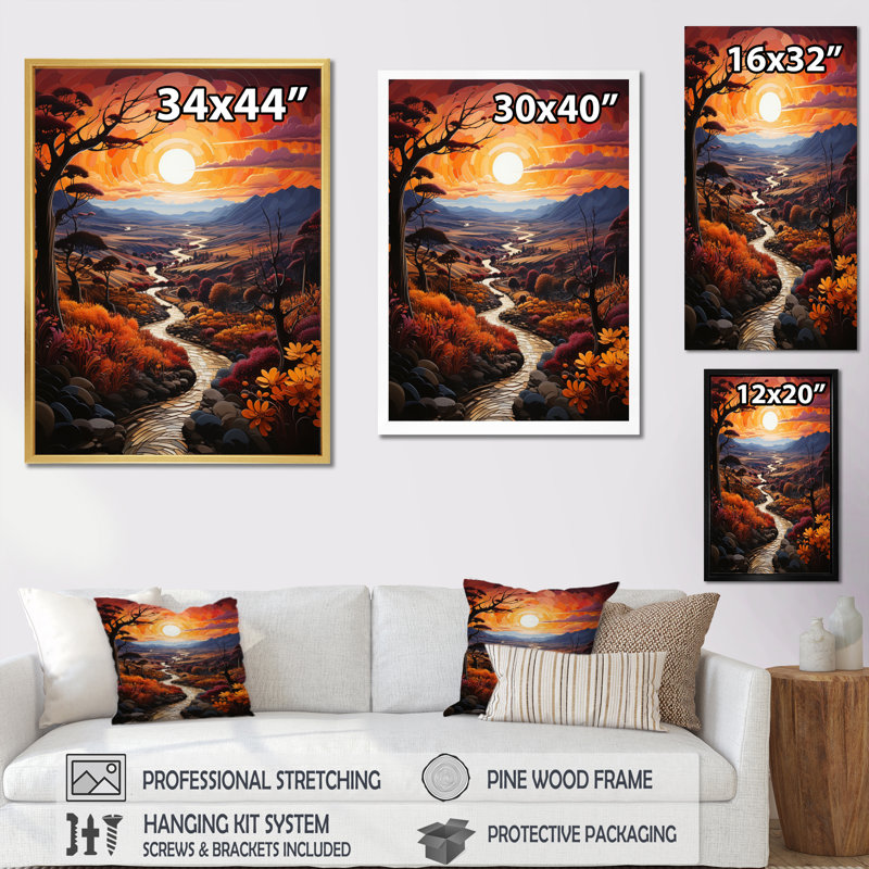 «Countryside Crimson Sunset Landscape I», reproduction sur toile, Cadre photo blanc, H 40 po x l 30 po x P 1,5 po