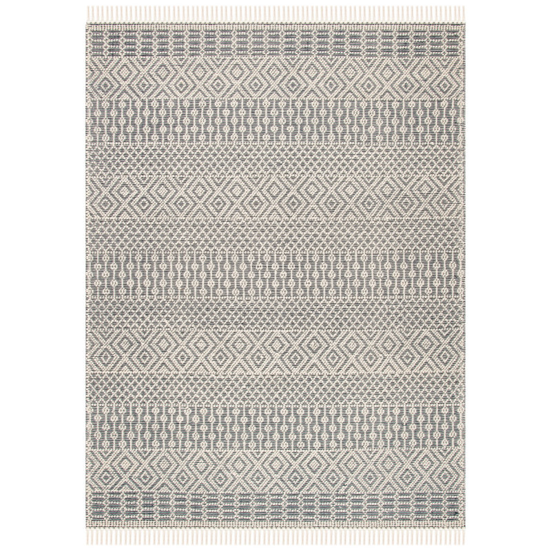 Tapis ivoire / bleu marine en laine tissé à plat à la main Aldeline Southwestren, Rectangle 6 pi x 9 pi