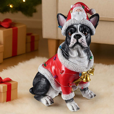 Statue de bouledogue français festif de Noël, figurine de chien de Noël en tenue de père Noël avec détails accrocheurs