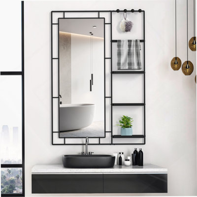 Ines Modern Vanity Mirror With Multi-Functional Shelf, Large Bathroom Mirror, Silver Frame Decoration Mirror, Suitable For Bathroom, Living Room, Bedroom