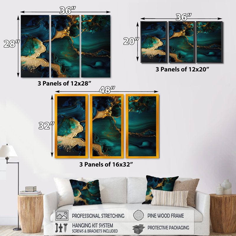 Géode abstraite, marbre vert et or - reproduction sur toile 3 pièces, H 32 po x l 48 po x P 1 po, Toile tendue