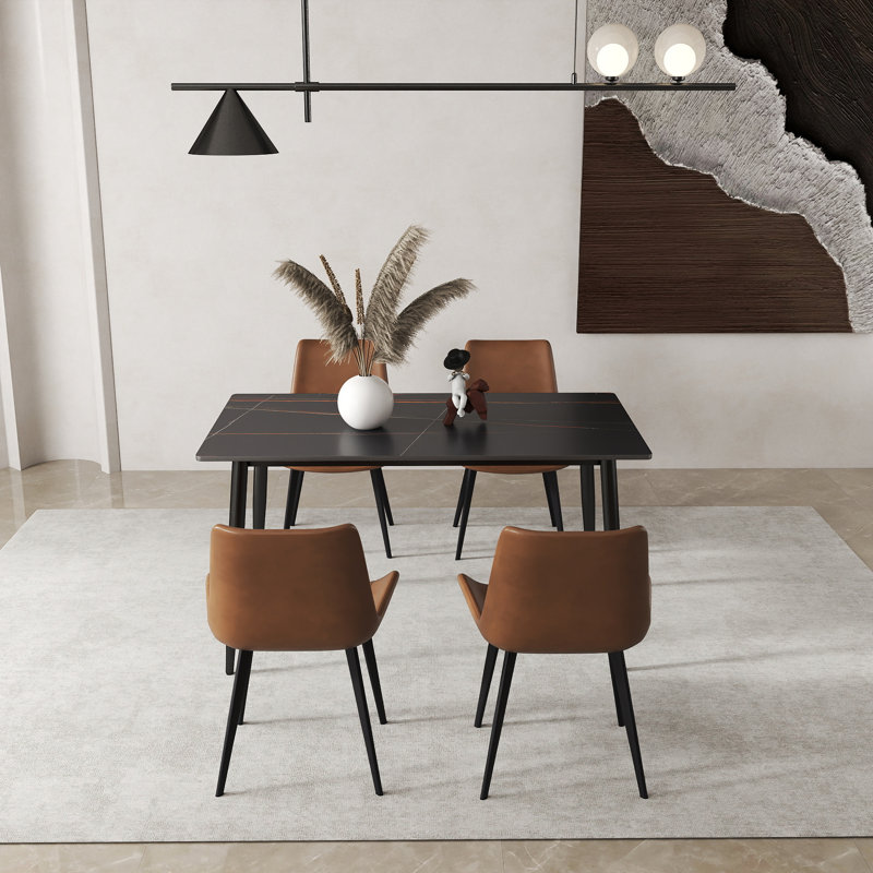 Fairy Nedek 5-Piece Modern Rectangular Dining Table Set With 4 Brown Faux Leather Chairs, Black