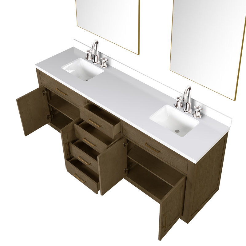Ensemble de meuble-lavabo double 84 "avec miroir 84", Chêne noir, Quartz blanc